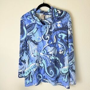 Chico's Blue and White Patterned Cowl Neck Comfy Top Lagenlook